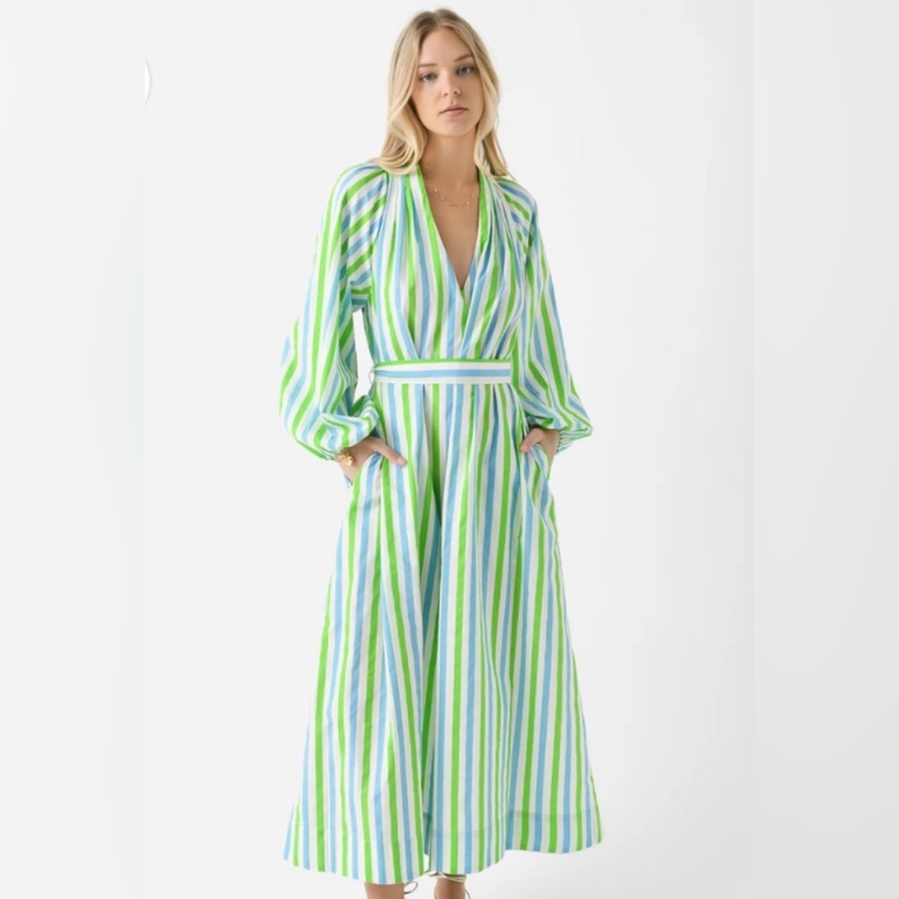 RHODE Eden Dress. Vibrant Green and Blue Striped Long Sleeve Dress RESORT